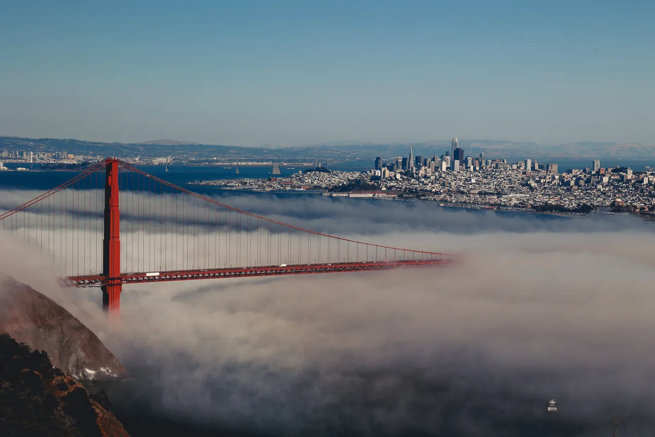 The Golden Gate Bridge rising out of fog, with the San Francisco skyline behind it under a clear sky.